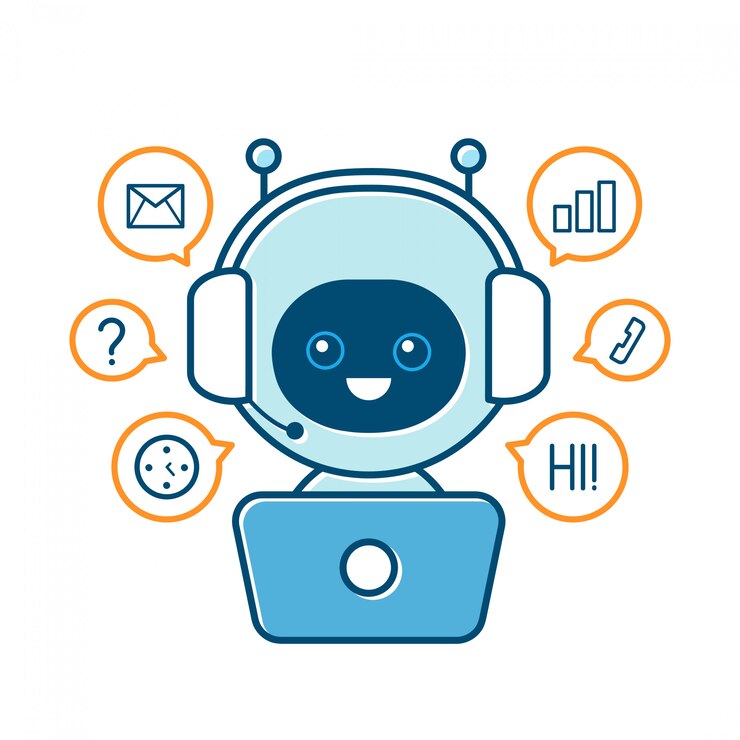 Vector lindo robot sonriente, chat bot y signos de comunicación. ilustración de personaje de dibujos animados plano moderno. aislado en blanco. burbuja de hablar. bot de chat de comunicación de servicio de soporte de voz