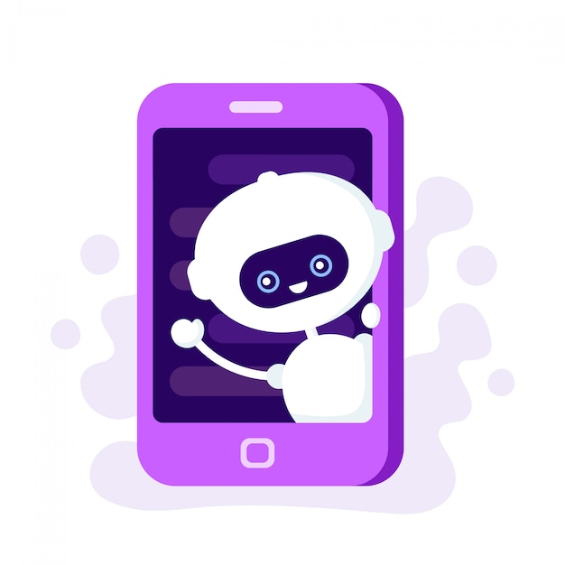 Lindo robot sonriente, chat bot en smartphone. ilustración de personaje de dibujos animados de estilo plano moderno. aislado sobre fondo blanco soporte de voz, concepto de soporte de ayuda virtual en línea