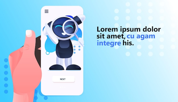 Lindo robot sosteniendo lupa en la pantalla del teléfono inteligente búsqueda de datos concepto de inteligencia artificial ilustración de vector de espacio de copia horizontal de longitud completa