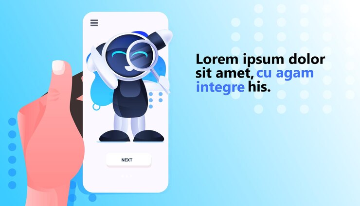 Vector lindo robot sosteniendo lupa en la pantalla del teléfono inteligente búsqueda de datos concepto de inteligencia artificial ilustración de vector de espacio de copia horizontal de longitud completa
