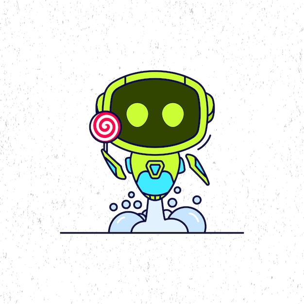 Lindo robot verde sosteniendo una ilustración de icono de piruleta