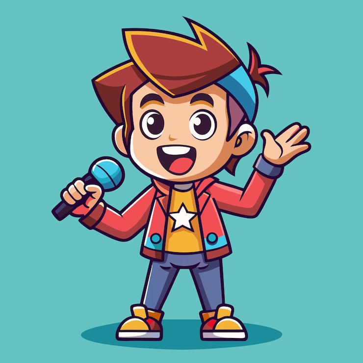 Vector el lindo rockstar boy cantando con el micrófono ilustración vectorial de dibujos animados