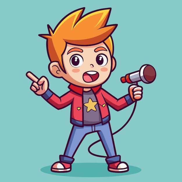 El lindo Rockstar Boy cantando con el micrófono Ilustración vectorial de dibujos animados