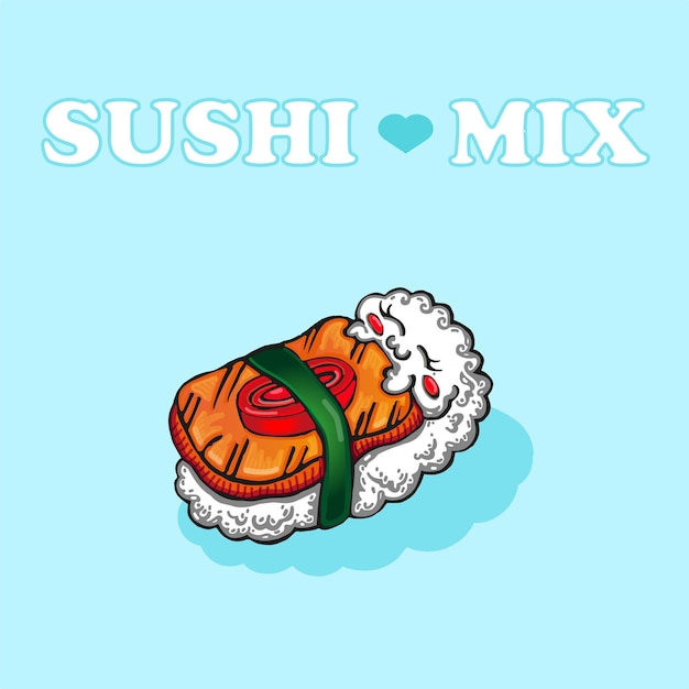 Lindo rollo de sushi nigiri con salmón duerme con los ojos cerrados y las mejillas rubicundas cubiertas con una manta Sobre un fondo azul xDxA