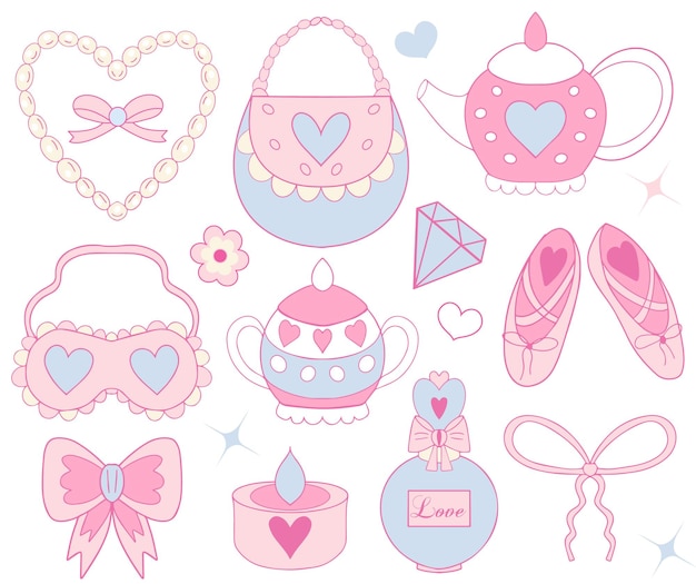 Lindo rosa retro s estilo coquete conjunto con hermosos platos arco perfume colección de princesas vector