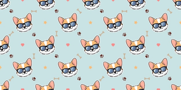 Lindo rostro de corgi con gafas de sol ilustración vectorial de patrón sin costuras de dibujos animados