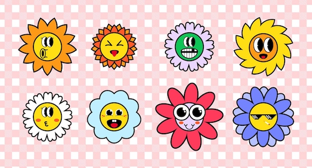 Lindo rostro de margarita con ilustraciones de emoticones de dibujos animados con estilo retro