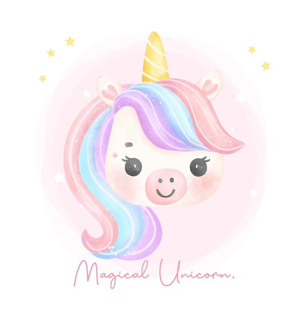 Lindo rostro de unicornio acuarela soñadora guardería ilustración de arte unicornio mágico