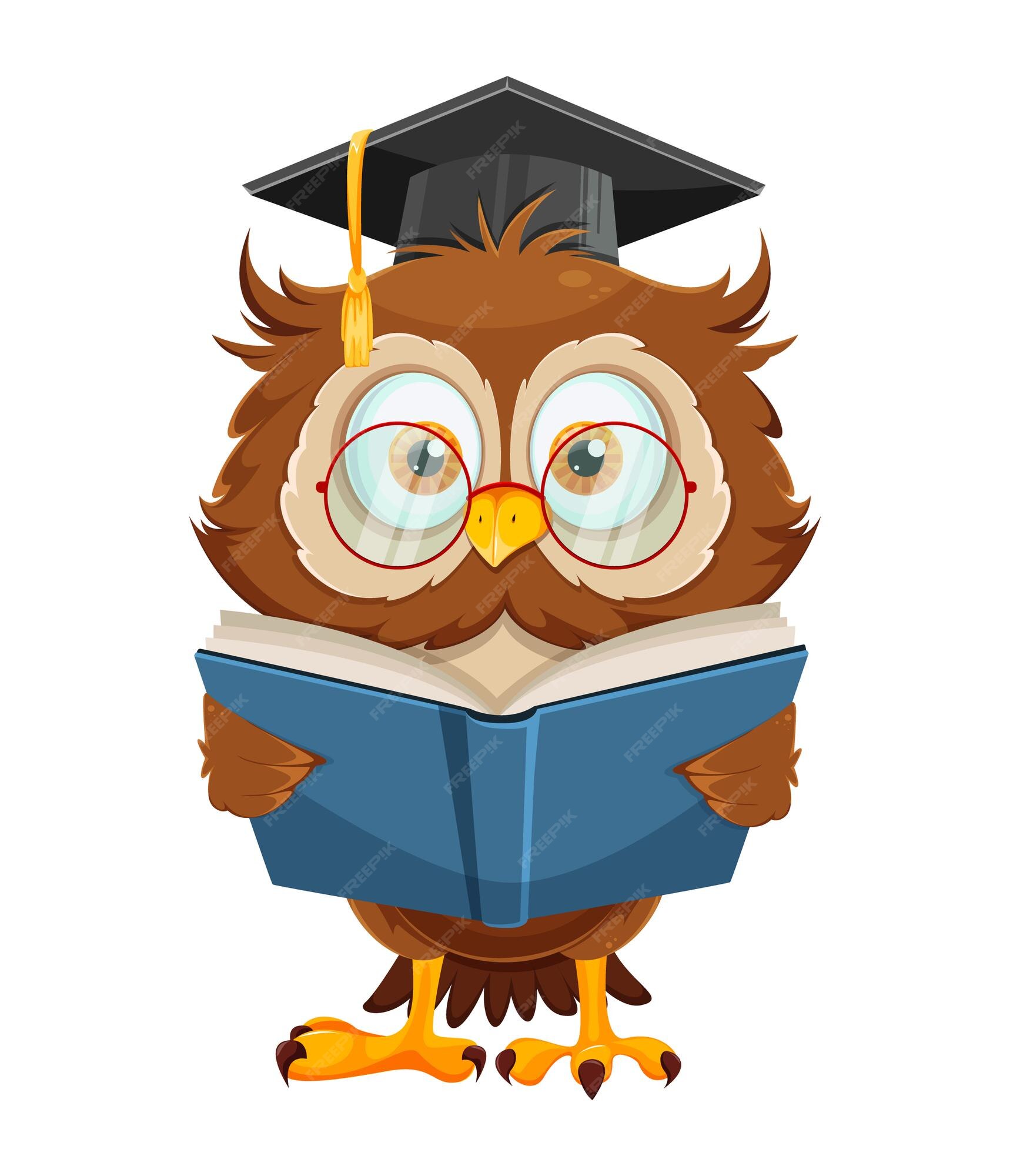 Lindo, sabio, búho, libro de lectura, divertido, búho, caricatura,  carácter, regreso, escuela, concepto | Vector Premium