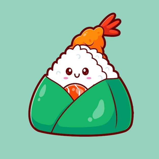 El lindo salmón de sushi Onigiri con camarón icono vectorial de dibujos animados Ilustración de comida de sushi aislada plana