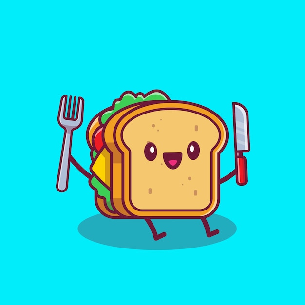 Lindo sandwich con cuchillo y tenedor icono de dibujos animados ilustración. concepto de icono de dibujos animados de comida rápida aislado. estilo de dibujos animados plana