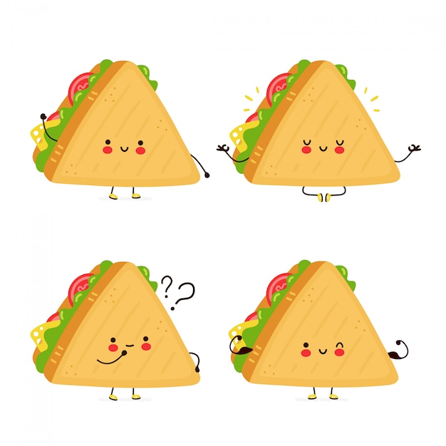 Lindo sándwich divertido feliz set colección. personaje de dibujos animados dibujado a mano ilustración de estilo