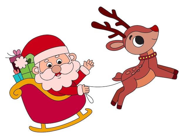Lindo Santa Claus con ciervos en la ilustración de estilo de dibujos animados
