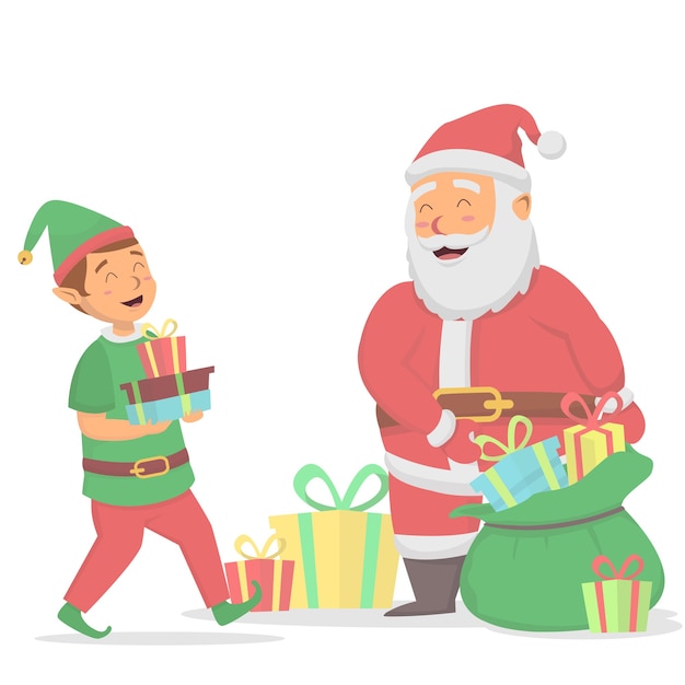 Lindo santa claus y elfos preparando ilustración de regalo de navidad