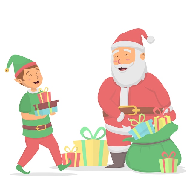 Vector lindo santa claus y elfos preparando ilustración de regalo de navidad