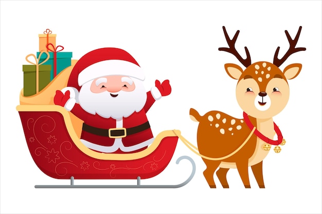 Lindo Santa Claus está sentado en un trineo tirado por un reno Ilustración vectorial en estilo de dibujos animados