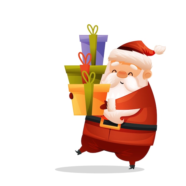 Lindo santa claus lleva regalos. ilustración de vector de navidad aislado sobre fondo blanco