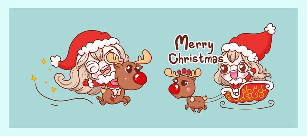 Lindo Santa Claus montando renos y feliz aislado sobre fondo de feliz Navidad con diseño de personajes.