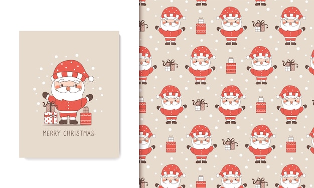 Lindo santa claus y regalo presente doodle de patrones sin fisuras Tarjeta de Navidad y papel tapiz