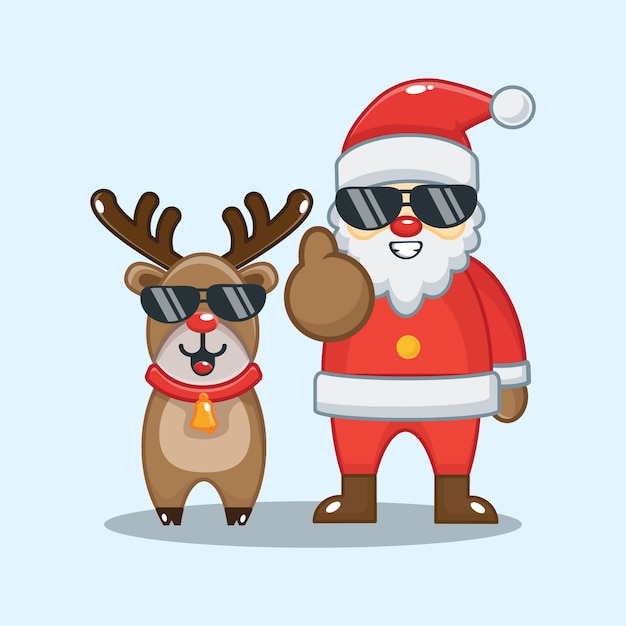 Lindo Santa Claus y el reno con gafas. navidad ilustracion