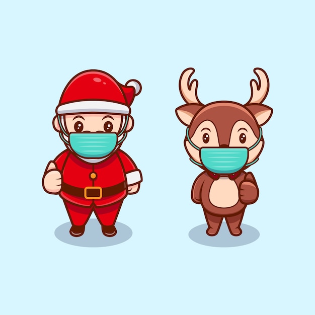 Lindo Santa Claus y renos de Navidad con máscara de dibujos animados icono ilustración.