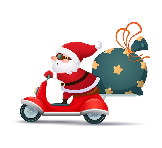 Lindo Santa Claus en un scooter con una bolsa de regalos Vector de tarjeta de felicitación de banner de Navidad