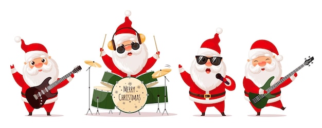Lindo Santa Claus tocando la batería de la guitarra eléctrica y cantando una banda de rock