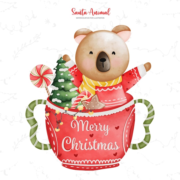 Lindo santa panda en taza ilustración de temporada de navidad en acuarela ilustración de animales de navidadxdxa