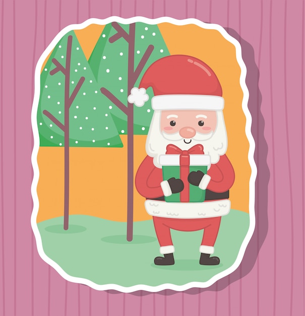 Lindo santa con regalo y árboles feliz navidad