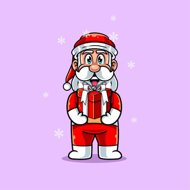 Lindo santa sosteniendo ilustración de icono de vector de dibujos animados de caja de regalo. icono de navidad