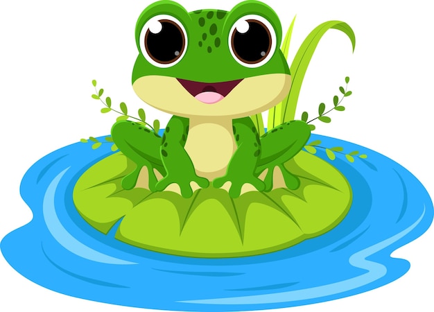 Lindo sapo de dibujos animados sentado en un lirio en el agua