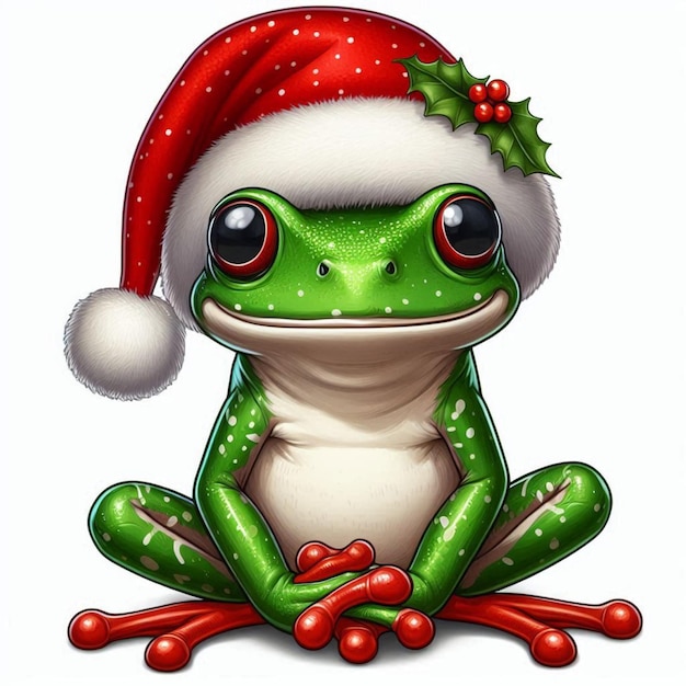 Un lindo sapo de Navidad Sombrero de Papá Noel Vector Ilustración de dibujos animados de fondo blanco