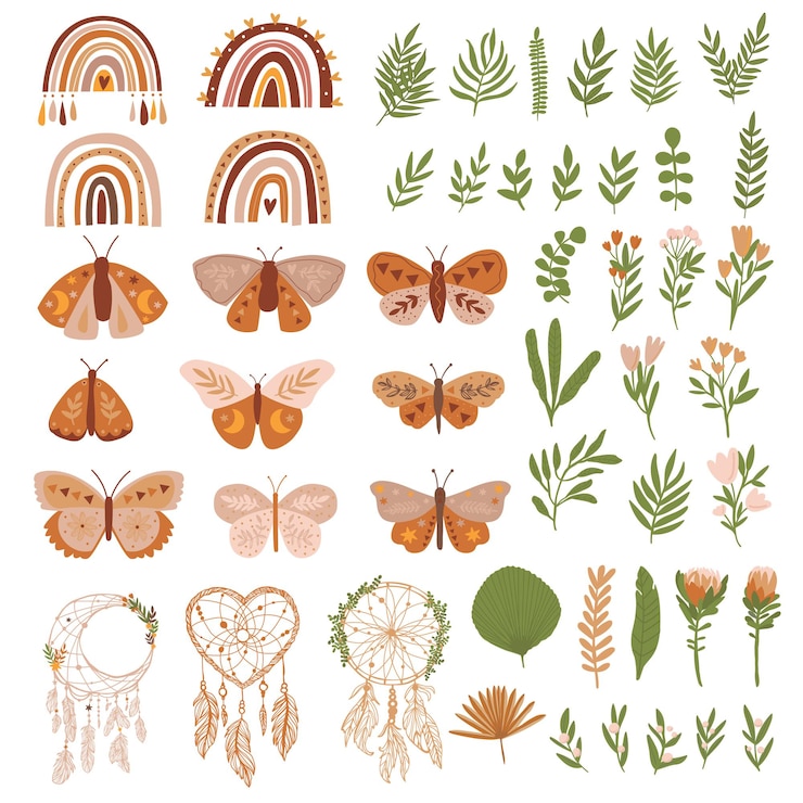 Vector lindo set con mariposas arcoiris y hojas flores atrapasueños color marrón pastel en boho