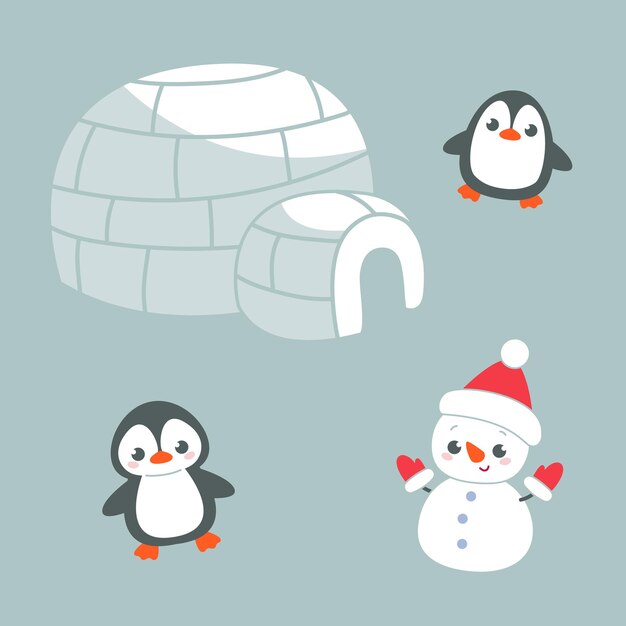 Vector lindo set navideño con pingüino