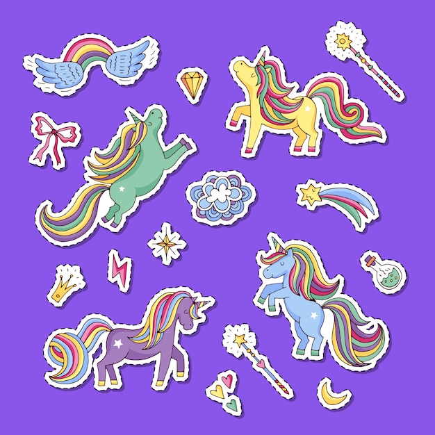 Vector lindo set de pegatinas mágicas de unicornios y estrellas