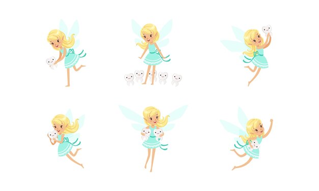 El lindo set de la pequeña hada de los dientes, la encantadora chica rubia con alas en un vestido azul sosteniendo los dientes de los niños, ilustración vectorial de dibujos animados