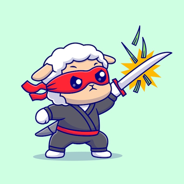 El lindo Sheep Ninja corta el césped con Katana Sword Icono de dibujos animados vectorial Ilustración Animal Holiday Flat
