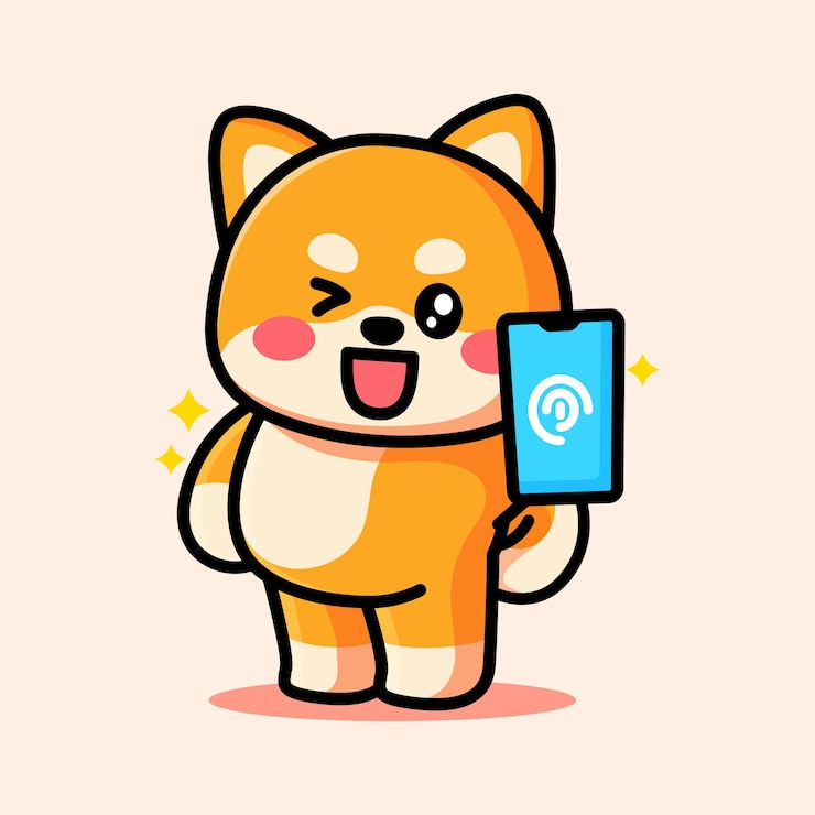 Vector lindo shiba está apuntando al teléfono