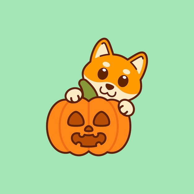 Lindo Shiba Inu con calabaza Jack o Lantern