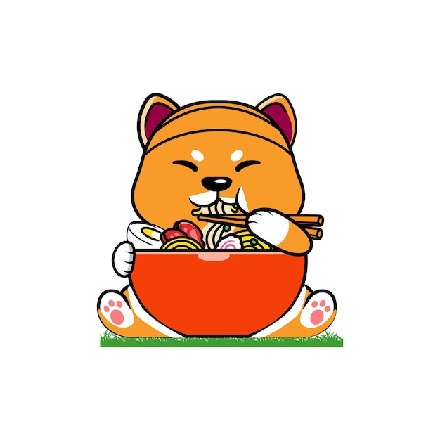 Lindo shiba inu comiendo ilustración de vector de dibujos animados de fideos ramen. vector aislado del concepto de alimento animal.