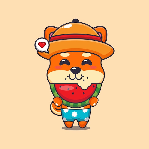 Lindo shiba inu comiendo sandía fresca ilustración de dibujos animados lindo dibujo animado de verano