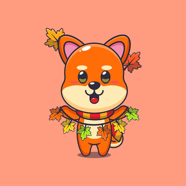 Lindo shiba inu con decoración de hojas de otoño