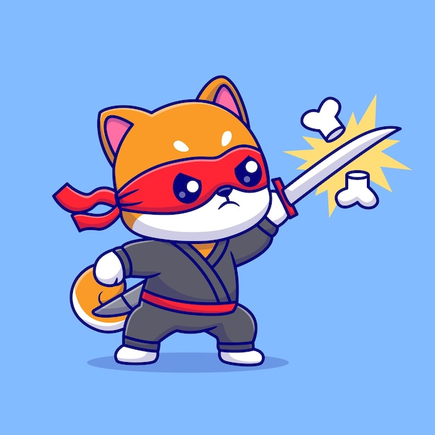 El lindo Shiba Inu Dog Ninja Slash Bone con Katana Espada Vector de dibujos animados Icon Ilustración Animal Flat