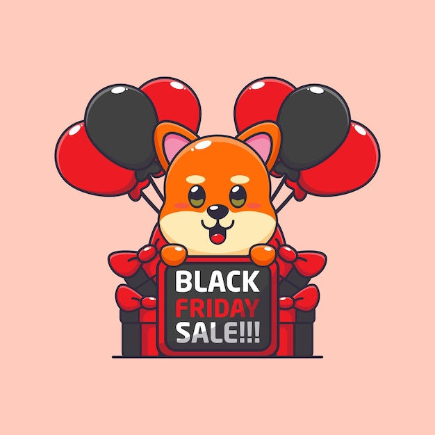 Lindo shiba inu feliz en la ilustración de vector de dibujos animados de venta de viernes negro