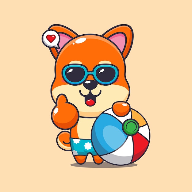 Lindo shiba inu con gafas de sol con ilustración de dibujos animados de pelota de playa Lindo dibujos animados de verano
