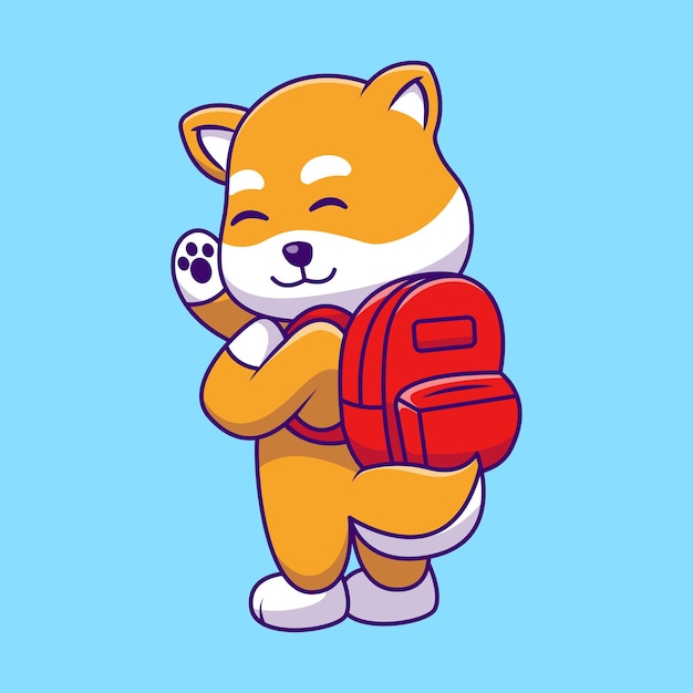 Lindo Shiba Inu con una mochila Iconos vectoriales de dibujos animados Ilustración Concepto de dibujos animados planos