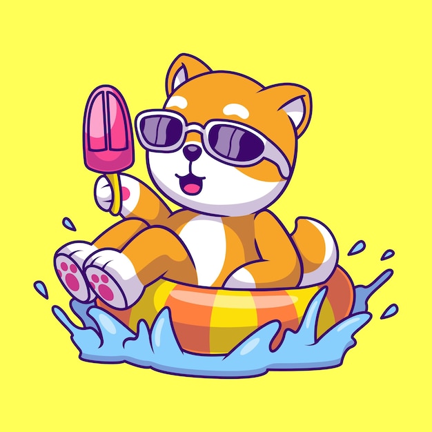 Vector el lindo shiba inu nadando con neumáticos sosteniendo helado iconos vectoriales de dibujos animados ilustración