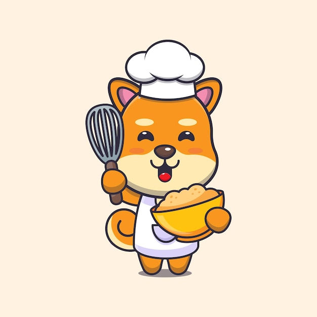 Vector lindo shiba inu perro chef mascota personaje de dibujos animados con masa de pastel