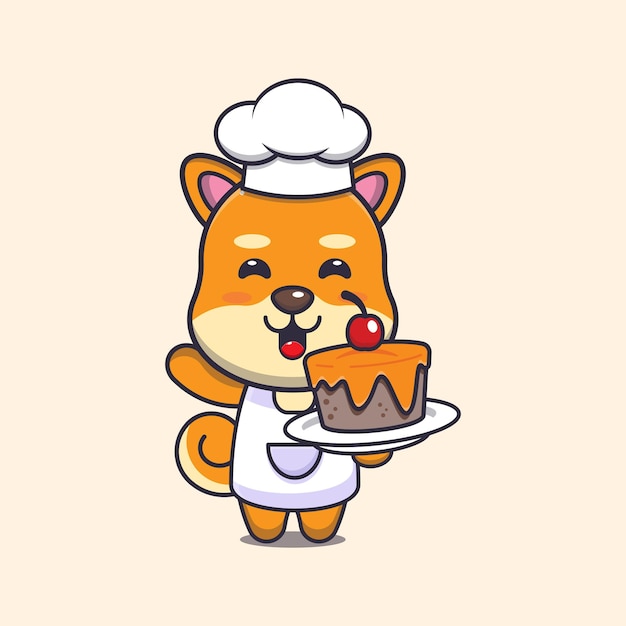 Lindo shiba inu perro chef mascota personaje de dibujos animados con pastel