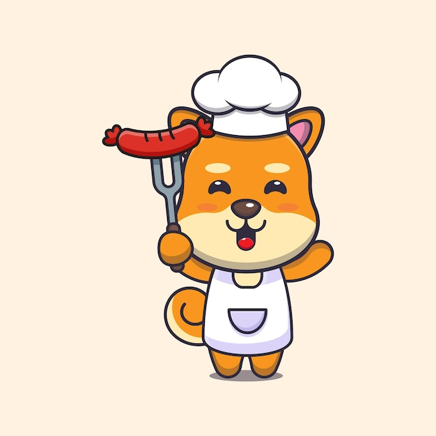 Vector lindo shiba inu perro chef mascota personaje de dibujos animados con salchicha